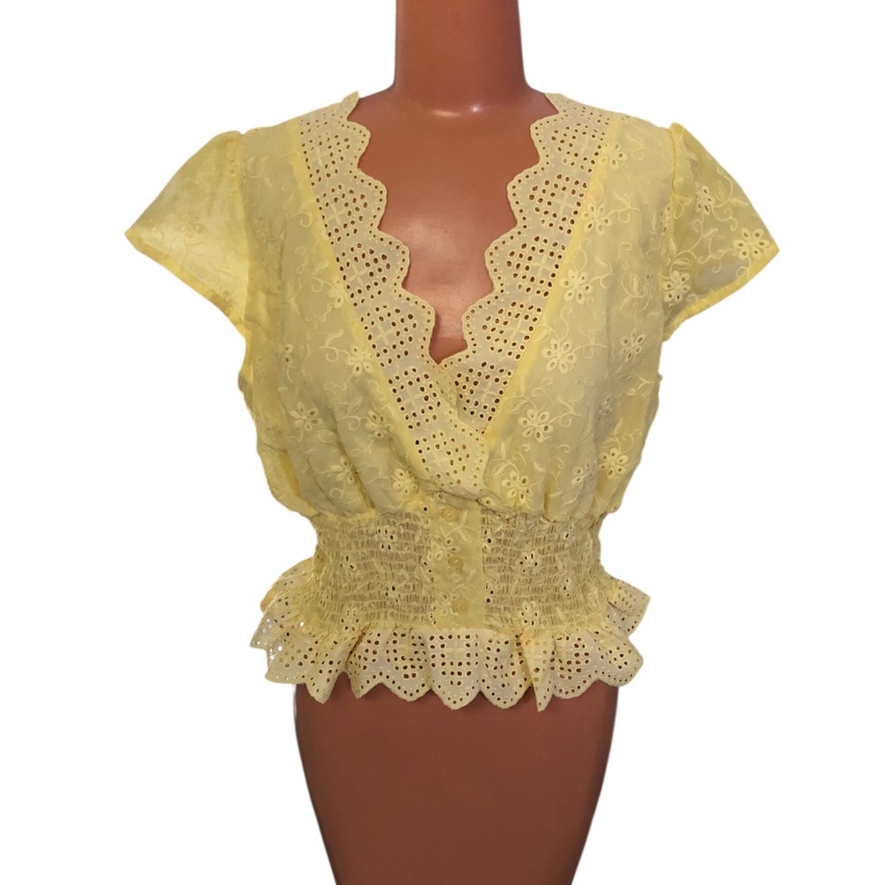 Rose and Grey Chic Yellow Eyelet Cropped Blouse - Picture 5 of 8